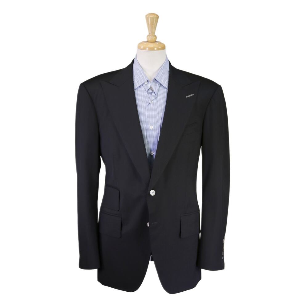 Antar Levar Bespoke Black Wide Peak Lapel 2-Btn Wool Blazer Jacket 40L